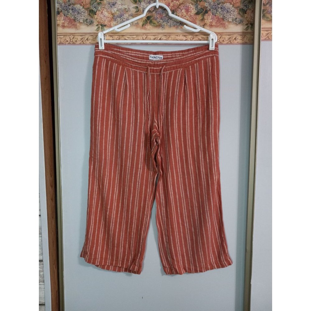 Purple & More Large Rust Strip Boho Wide Leg Cropped Linen Casual Pull On Pants